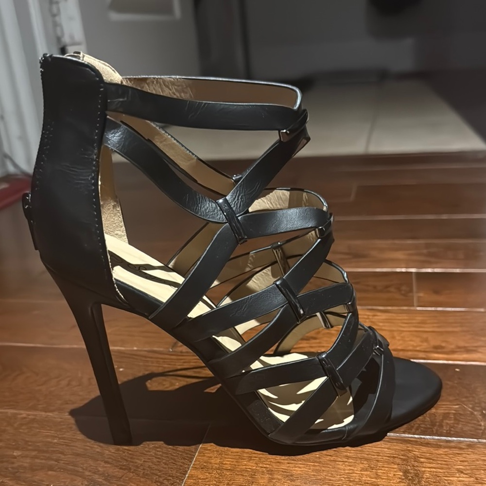 Black Strappy Stiletto Heels with Back Zipper